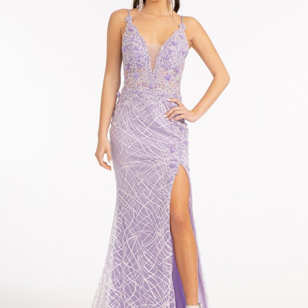 NEW LILAC 3-D Flower Glitter Embellished Mermaid PROM Dress Sheer Sides GL3042